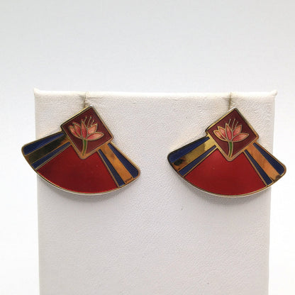 Vintage Laurel Burch "Water Lily" Post Earrings, Gold Plated, Enamel Red Purple