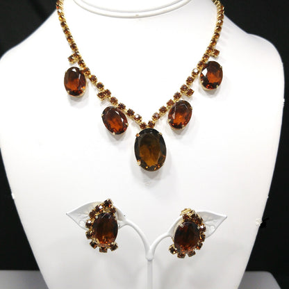 Vintage Topaz Rhinestone Necklace & Earrings, Large Faceted Rhinestones, 1960s Vintage Jewelry