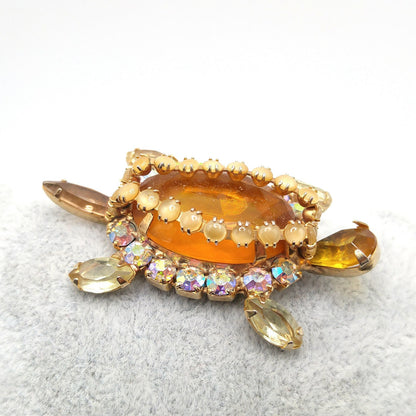 Turtle Brooch, Juliana Style Open Back Rhinestones, Gold Plated, 1960s Vintage Jewelry