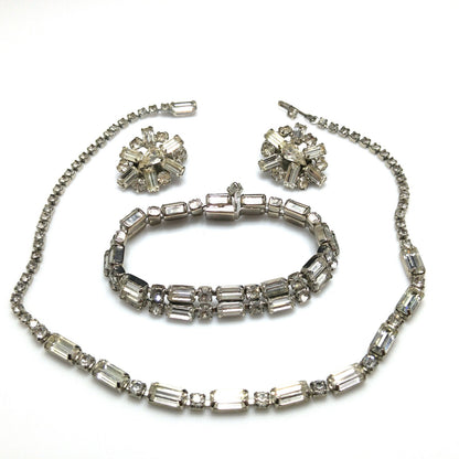Vintage Weiss Earrings Bracelet & Necklace, Clear Rhinestones, Rhodium Plated