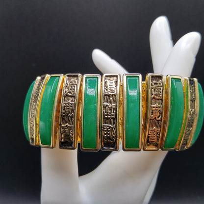 Asian Expansion Wide Bracelet, Green Lucite, Asian Writing, 1960s Vintage Jewelry