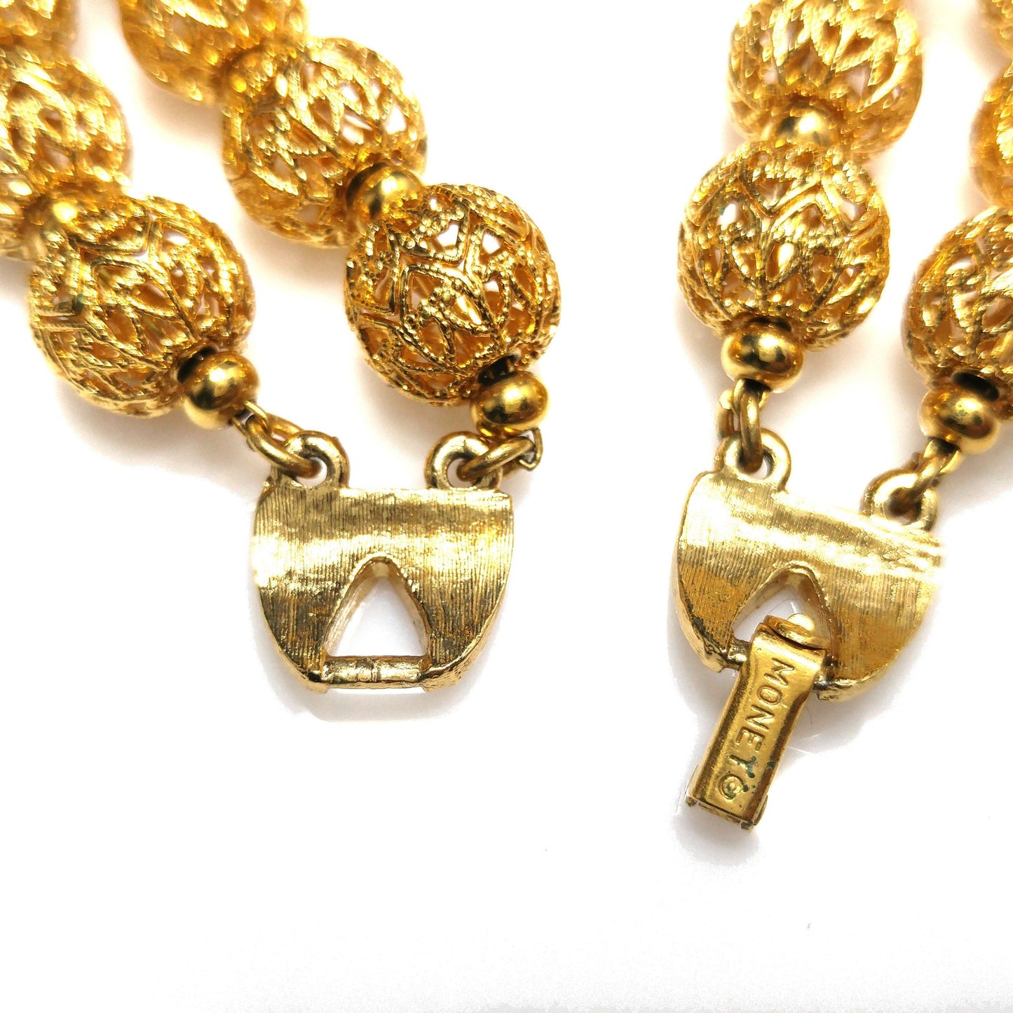 Monet Filigree Beaded Two Strand Bracelet, Gold Plated, Strung on Chain, 1960s Vintage Jewelry