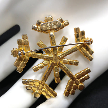 Eisenberg Ice Snowflake Brooch, Clear Rhinestones, Gold Plated, Vintage Jewelry