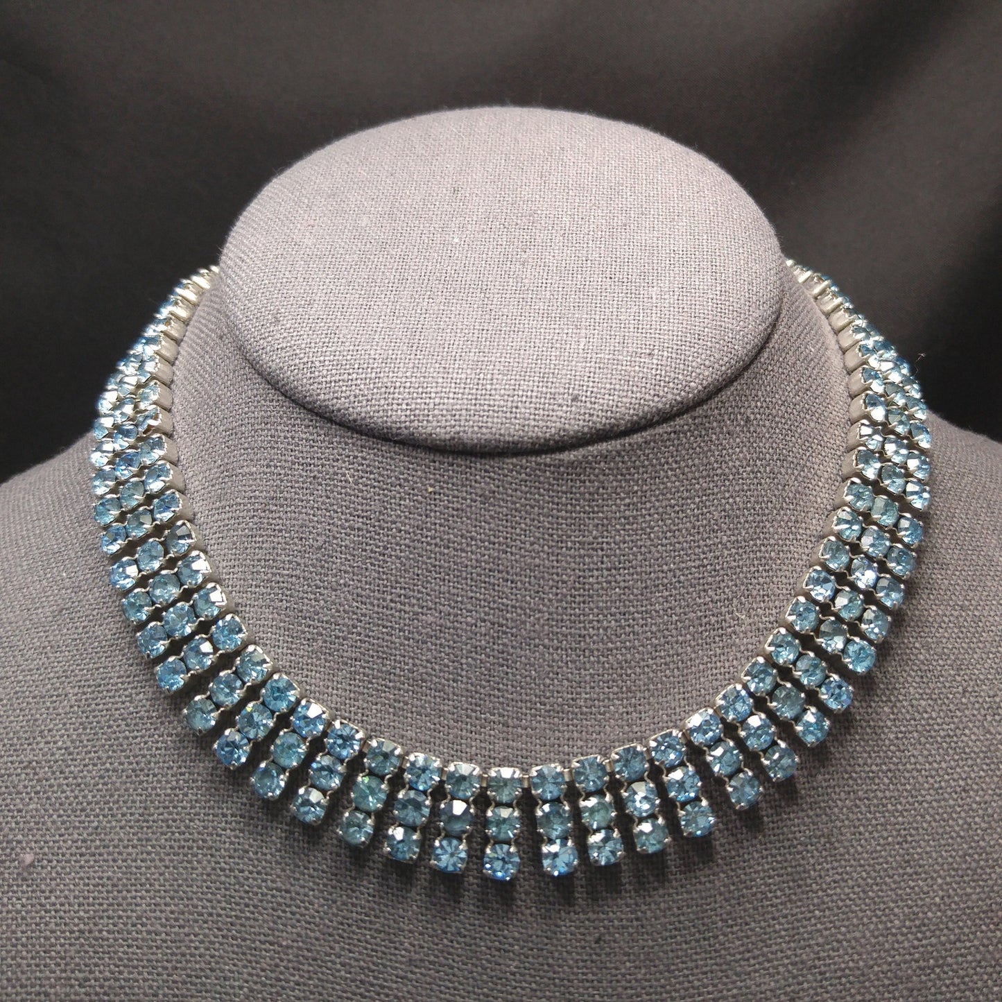 Kramer Blue Rhinestone Necklace, Rhodium Plated, 1960s Vintage Jewelry