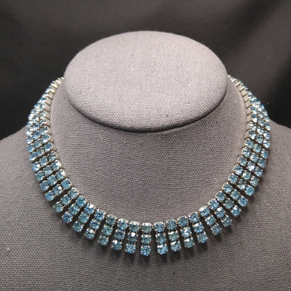 Kramer Blue Rhinestone Necklace, Rhodium Plated, 1960s Vintage Jewelry