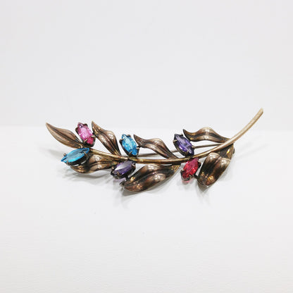 Symmetalic Sterling & 14K Gold Brooch, Rhinestone Accents, 1940s Vintage Jewelry