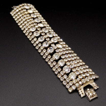 Mid Century Clear Rhinestone Wide Bracelet, 22K Gold Plate, 1950s Vintage Jewelry