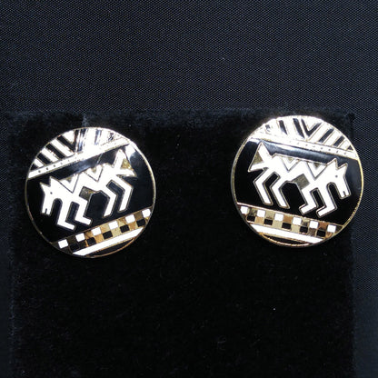 Laurel Burch "Coptic Horse" Earrings, Gold Plated, Black & White Enamel, 1980s
