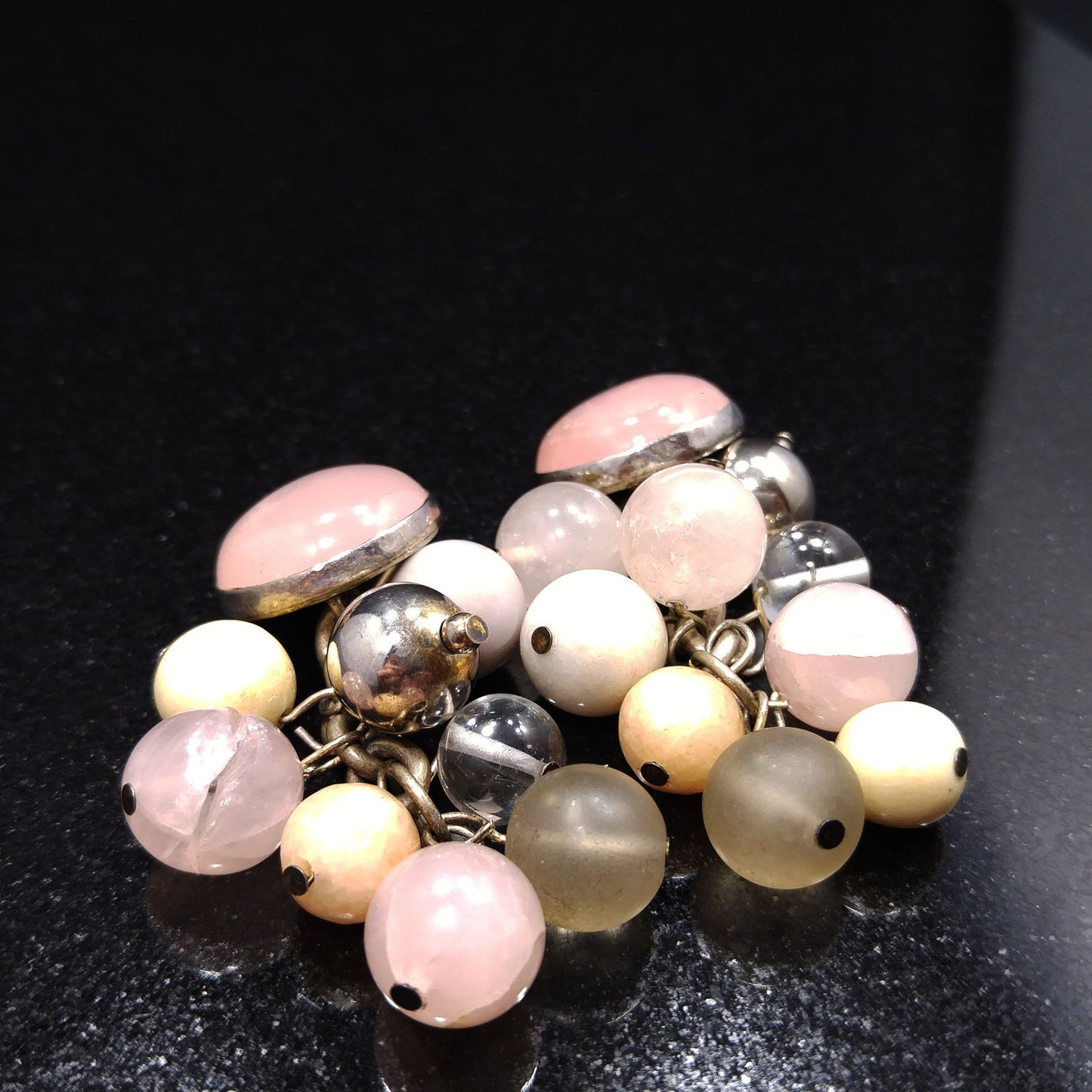 Susan Cummings Beaded Clip Earrings & Bracelet, Sterling Silver, Gemstone Beads