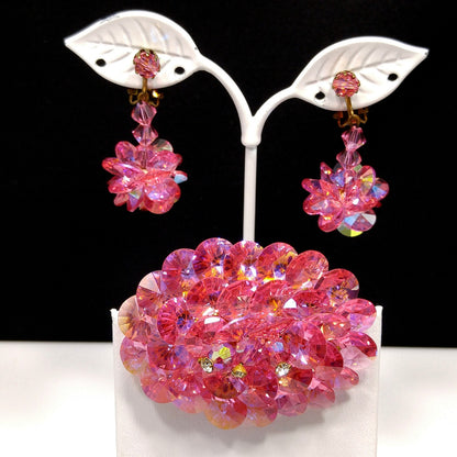 Pink Flat Crystal Brooch & Earrings, Aurora Borealis, 1960s Vintage Jewelry