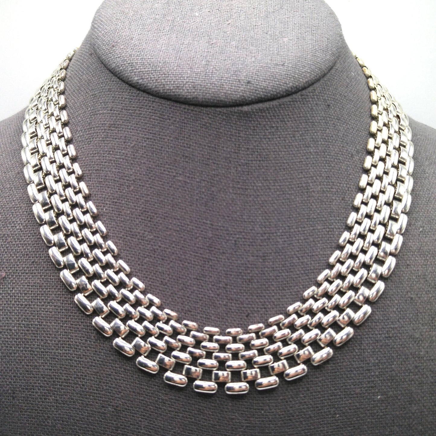 Vintage Interlocking Choker Necklace, Rhodium Plated, 1980s, Silver Tone