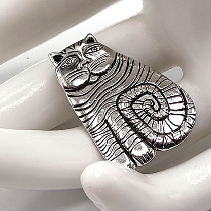 Laurel Burch Shambala Cat Brooch, Rhodium Plated, 1980s Vintage Jewelry