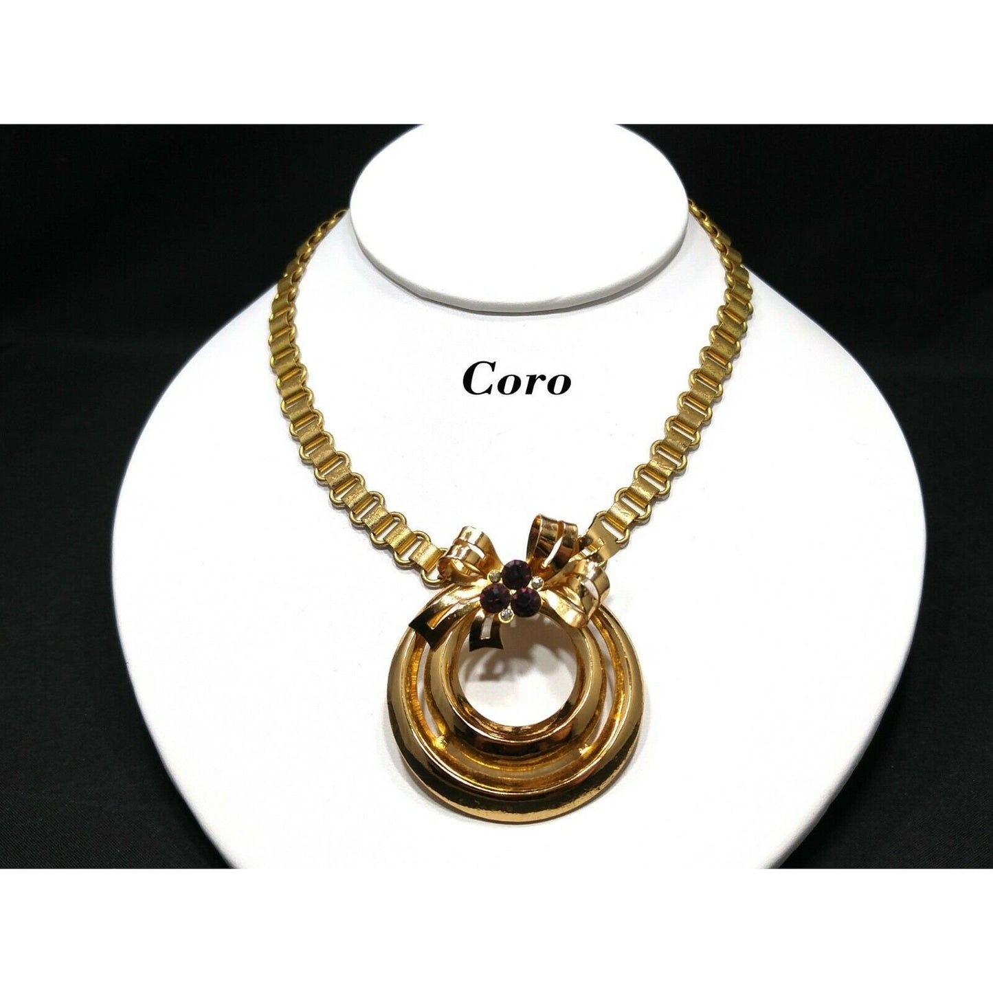 Coro 1948 Adolph Katz Bow Pendant Necklace, Gold Plate, Purple Rhinestones