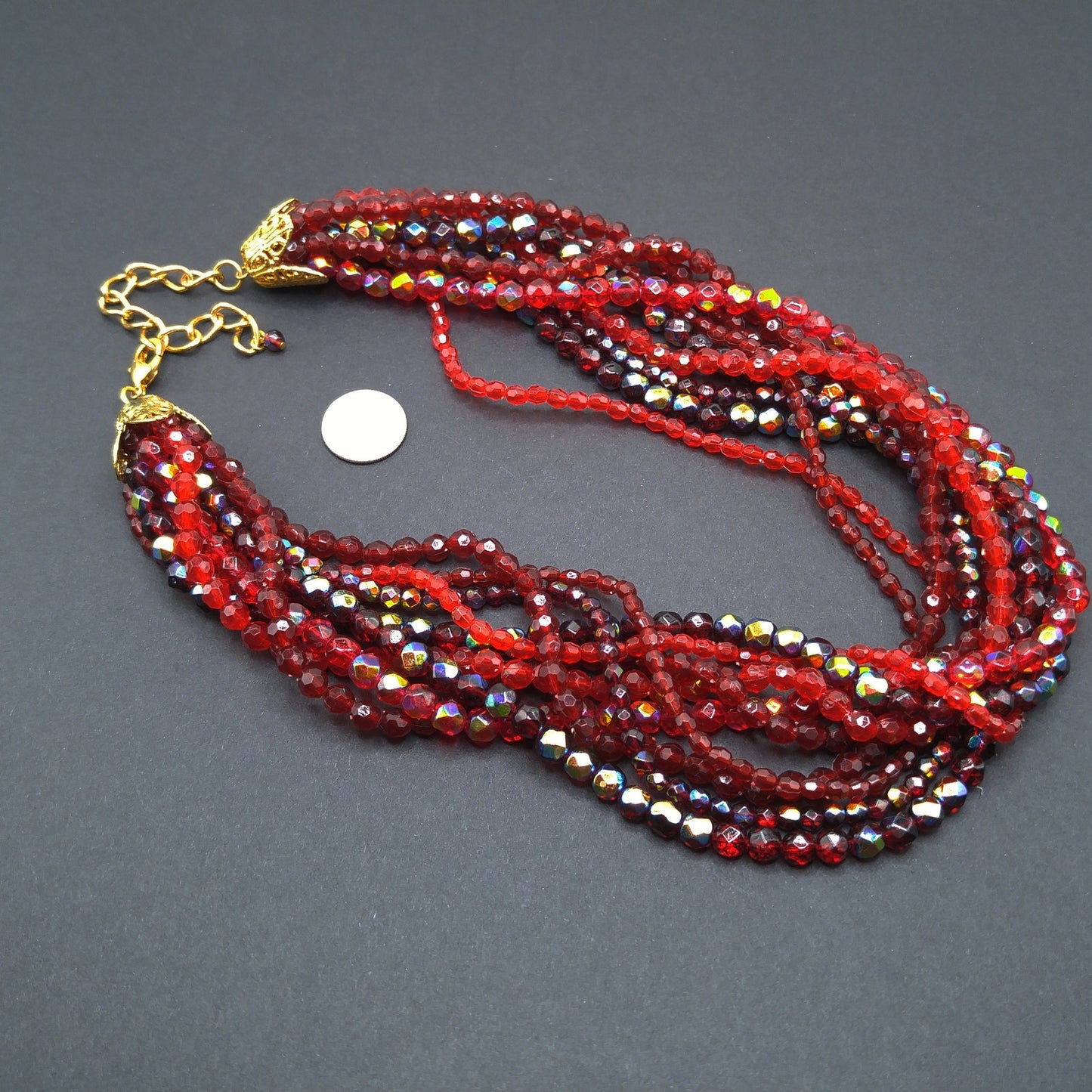 Red Fire Polished Bead Necklace, Nine Strands, 1980s Vintage Jewelry