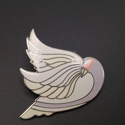 Laurel Burch "Celan" Bird Brooch, Rhodium Plated, White Lavender Enamel, 1980s Vintage Jewelry