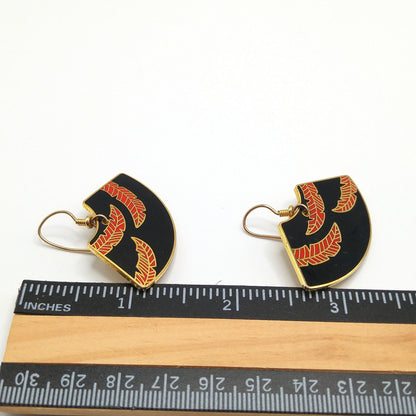 Laurel Burch "Palm Leaves" Earrings, Red Black Enamel, Gold Plated, 1980s Vintage Jewelry