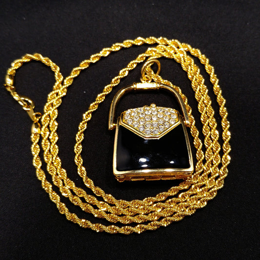 Swarovski Purse Pendant Necklace, Black Enamel & Crystal Handbag Locket, Vintage 1980s Jewelry