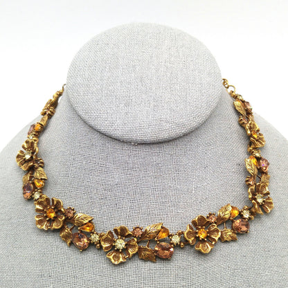 Topaz Rhinestone Floral Choker Necklace, Flower Links, 1960s Vintage Jewelry