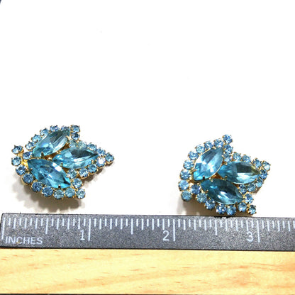 Weiss Light Blue Rhinestone Clip Earrings, Gold Plated, 1960s Vintage Jewelry