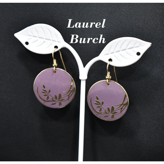Vintage Laurel Burch Floral Gold Plated Earrings, Purple Enamel