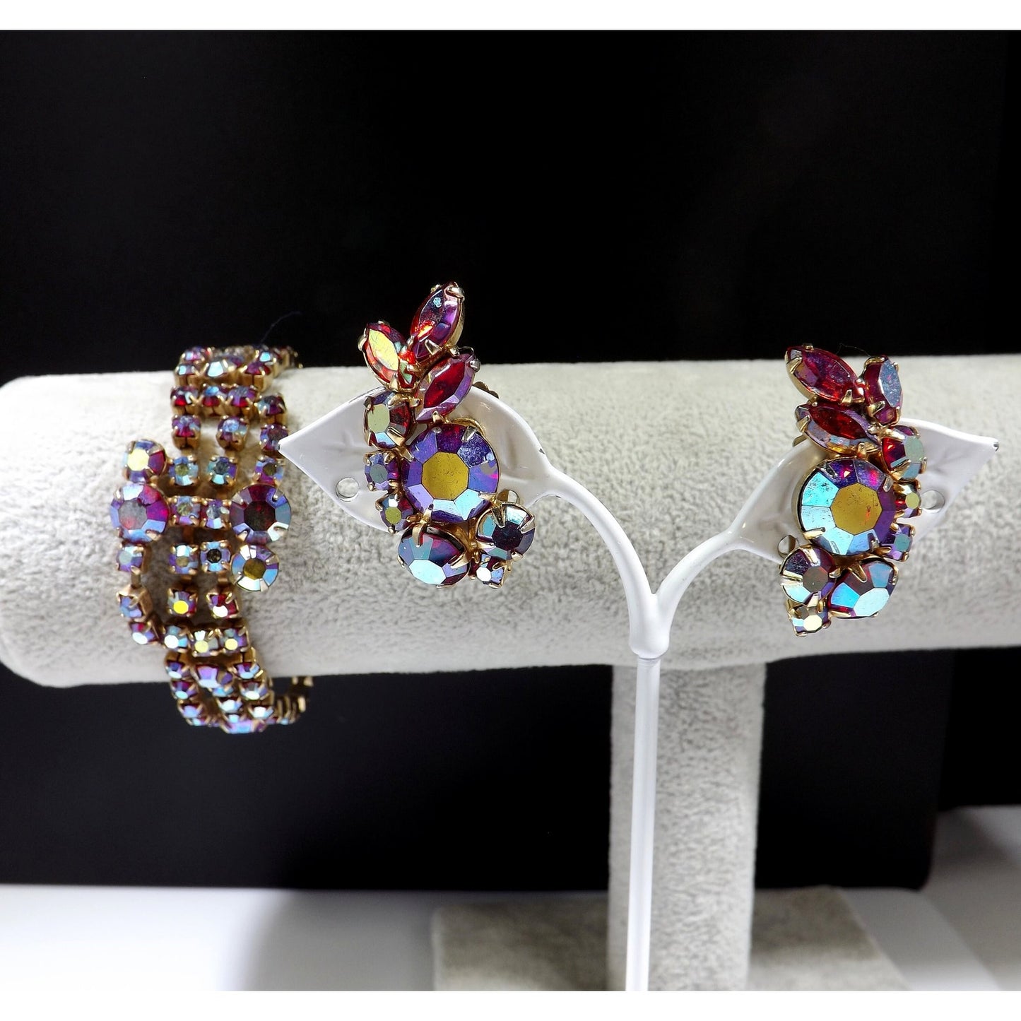 Red Aurora Borealis Bracelet Clip Earrings Set, 1960s Vintage Jewelry