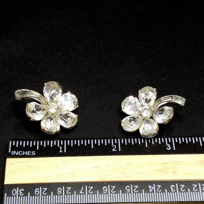 Bogoff Clear Rhinestone Floral Earrings, Rhodium Plated, Wedding Earrings, 1950s Vintage Jewelry