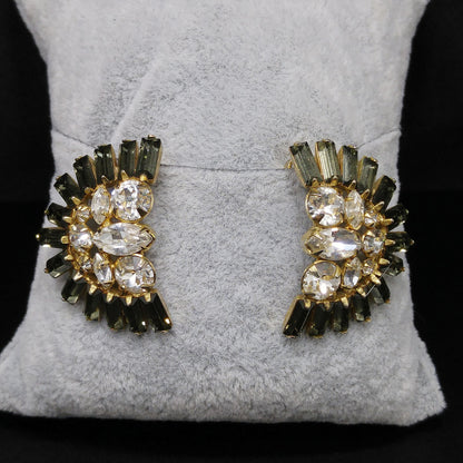Hobe' Rhinestone Clip Earrings, Clear & Gray Rhinestones, Gold Plated, 1950s Vintage Jewelry