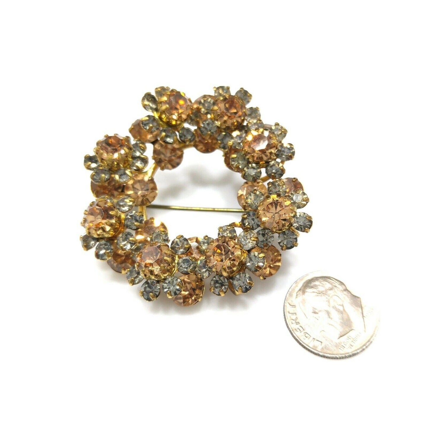 Austria Crystal Topaz Gray Rhinestone Wreath Brooch, 1950s Vintage Jewelry