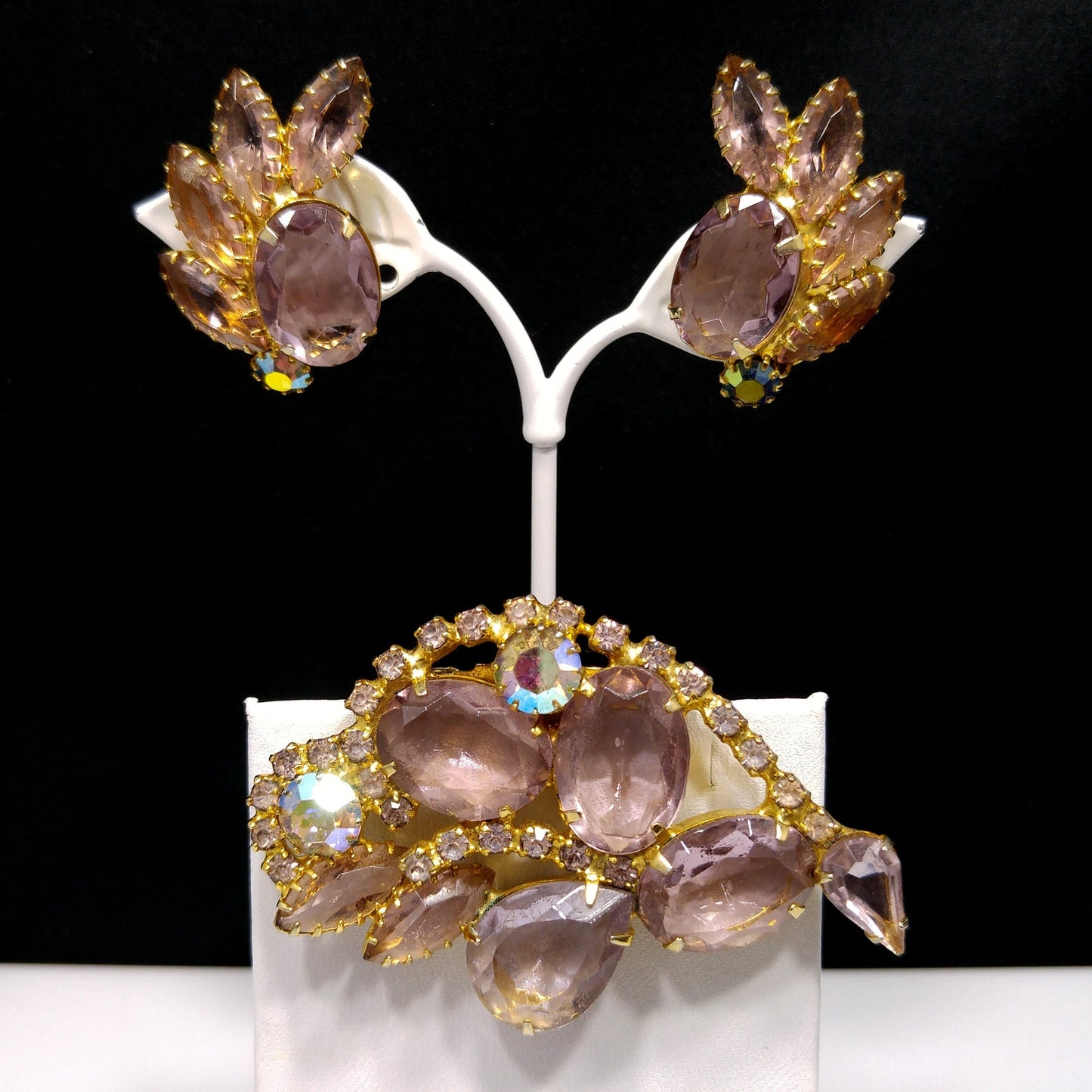 Lavender Rhinestone Brooch & Earrings, Aurora Borealis, 1960s Vintage Jewelry