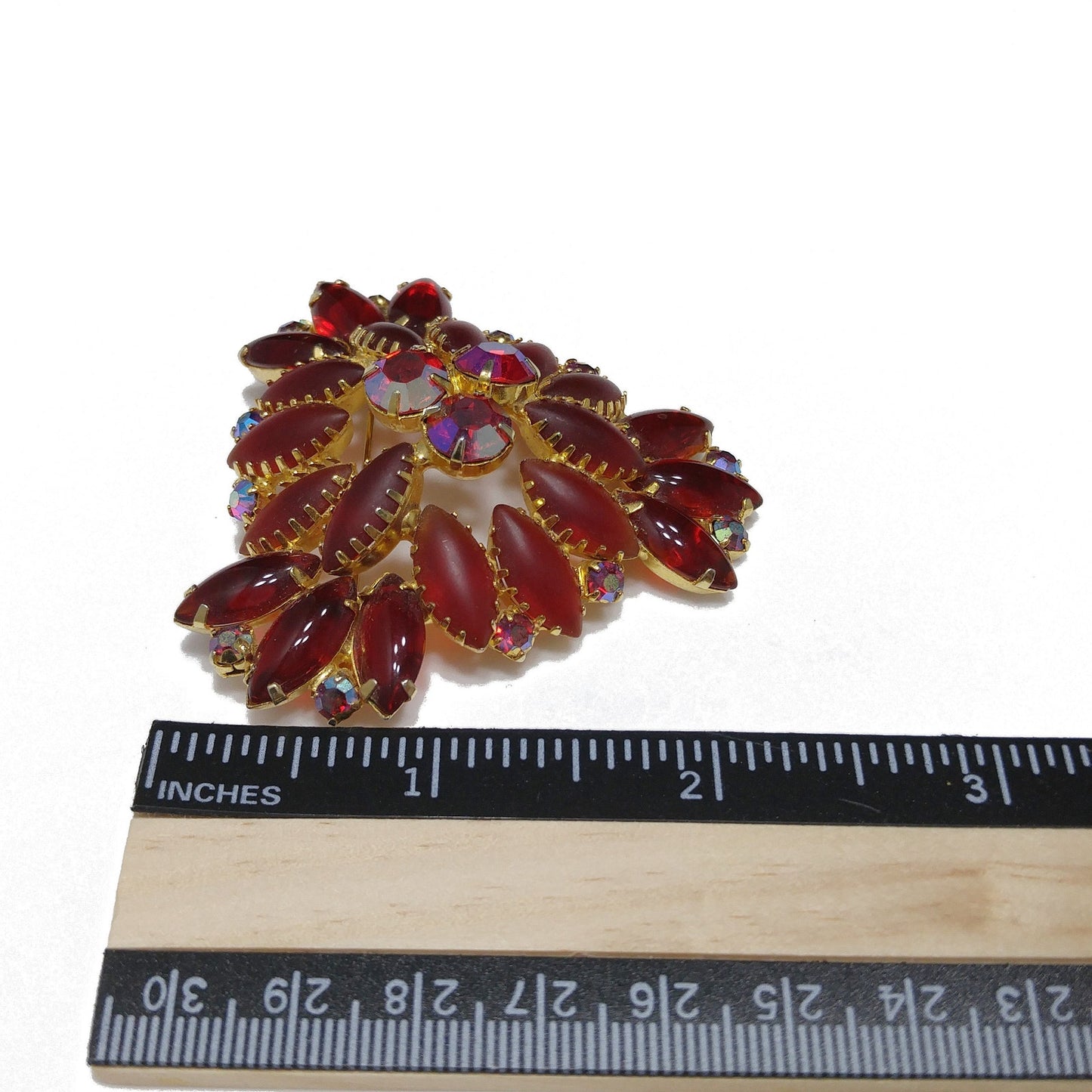 Red Art Glass & Rhinestone Brooch, Gold Plated, Juliana Style, 1960s Vintage Jewelry