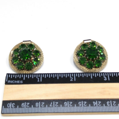 Weiss Green Rhinestone Gold Mesh Earrings, Emerald Green, Gold Plated, 1950s Vintage Jewelry