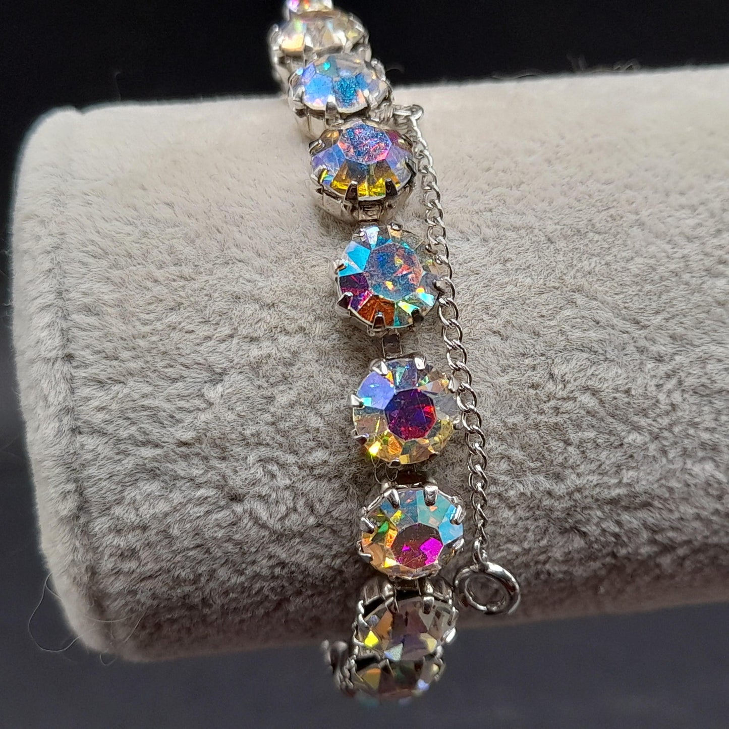 Weiss Style Aurora Borealis Crystal Bracelet, Rhodium Plated, Safety Chain, Vintage Jewelry