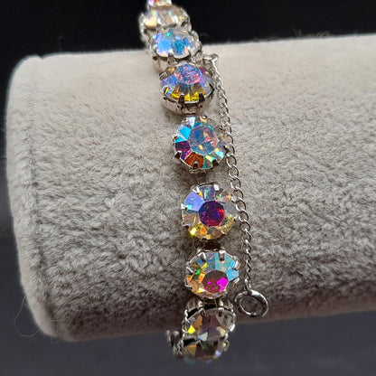 Weiss Style Aurora Borealis Crystal Bracelet, Rhodium Plated, Safety Chain, Vintage Jewelry