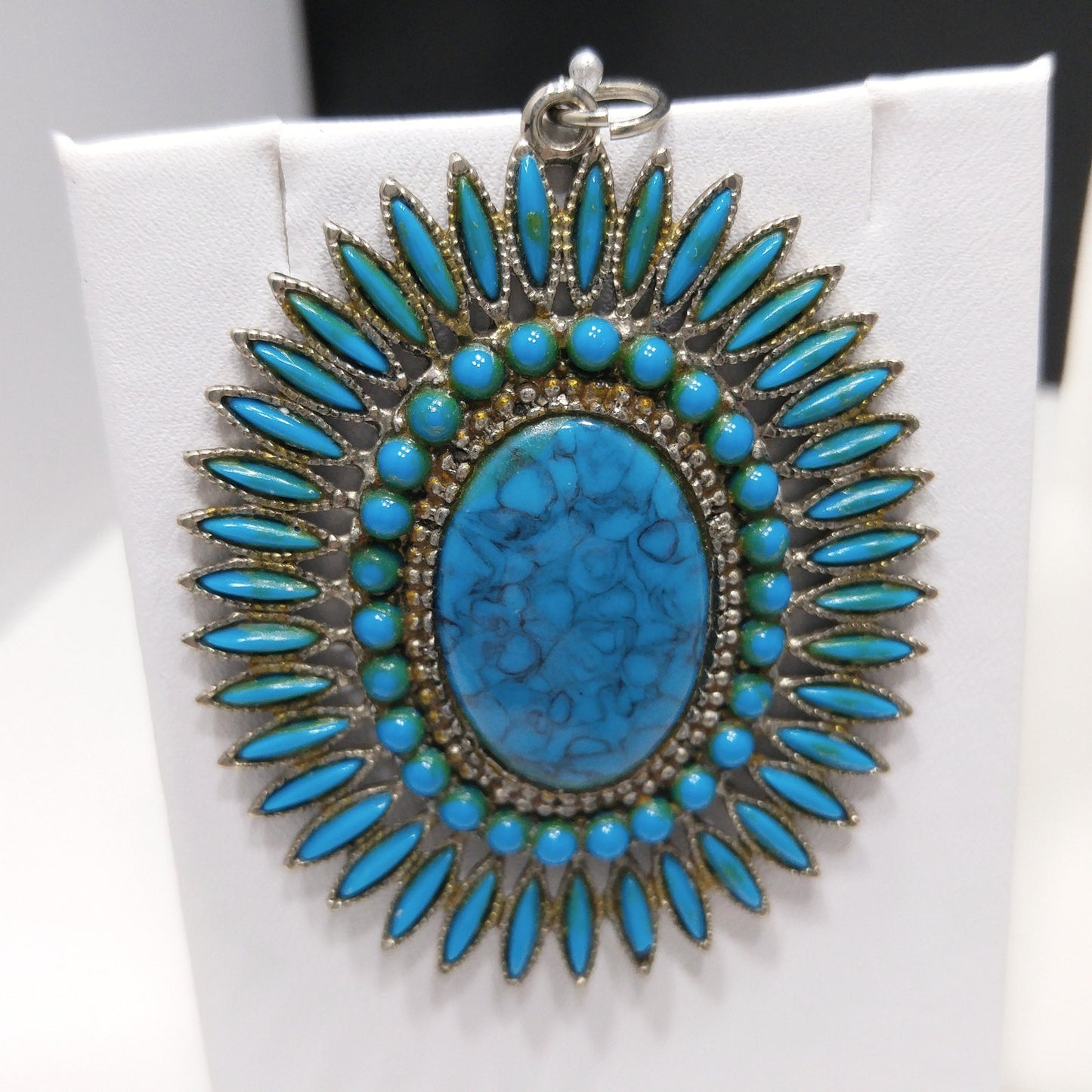 Vintage Southwestern Faux Turquoise Jewelry Set Pendant Ring Earrings 1970s