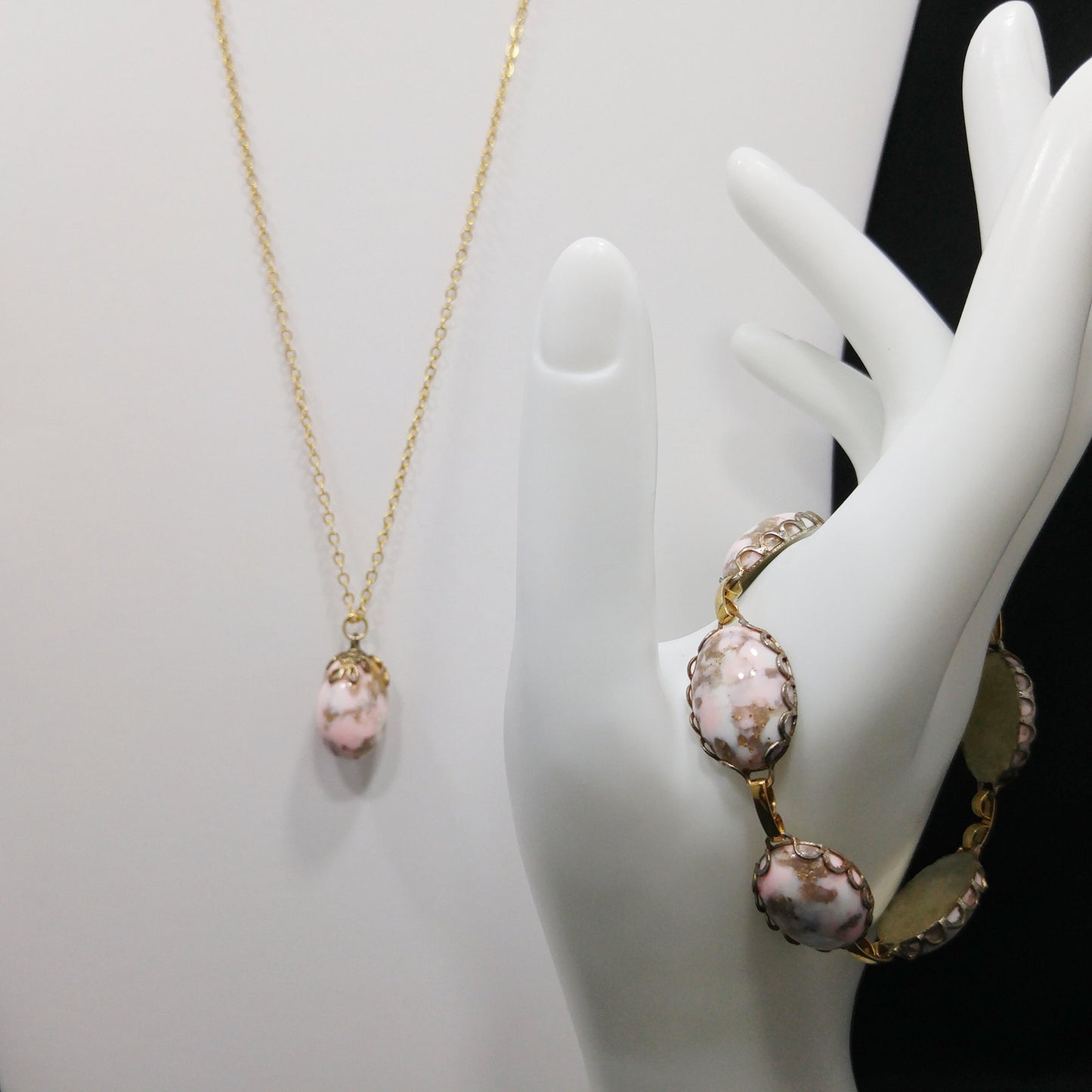 German Pink Gold Glitter Robins Egg Bracelet & Necklace, 1950s Vintage Jewelry