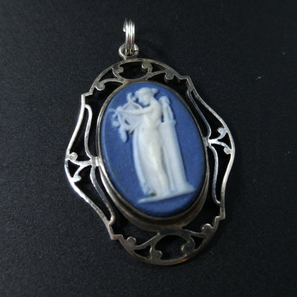 Antique Wedgwood Sterling Blue Jasperware Pendant Victorian Goddess England