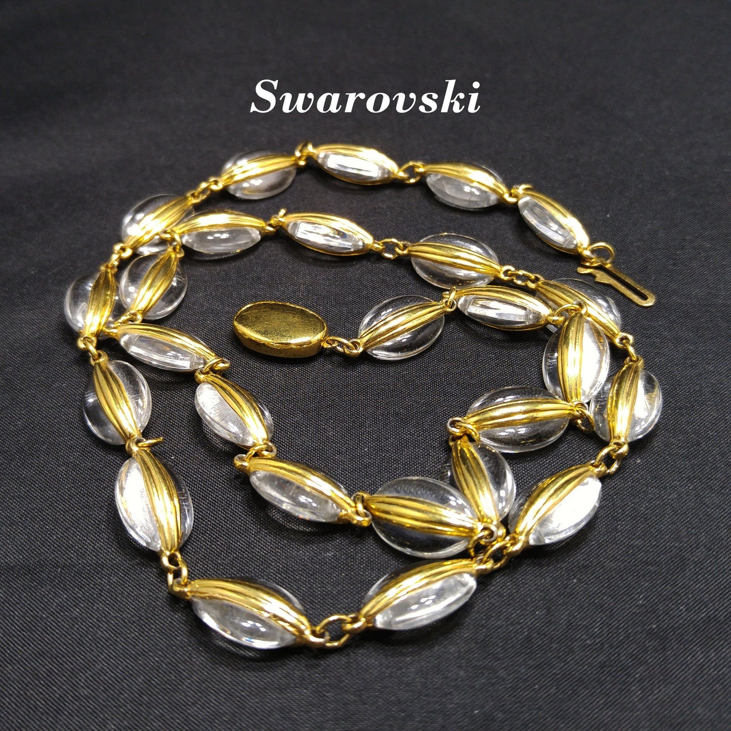 Vintage Swarovski Swan Logo Clear Crystal Gold Frame Bead Necklace 1990s
