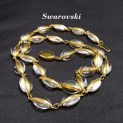 Vintage Swarovski Swan Logo Clear Crystal Gold Frame Bead Necklace 1990s