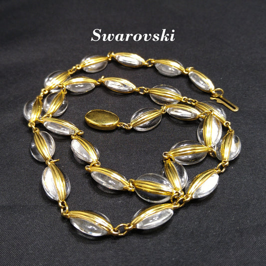 Vintage Swarovski Swan Logo Clear Crystal Gold Frame Bead Necklace 1990s