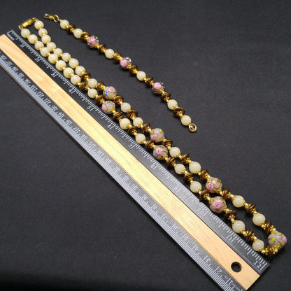 Wedding Cake Venetian Glass Beaded Necklace & Bracelet, Hand Knotted, Murano Lampwork, 1980s Vintage Jewelry