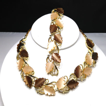 Mid-Century Beige Brown Moonglow Leaves Necklace Bracelet Set, Lucite Jewelry, 1950s Vintage Jewelry