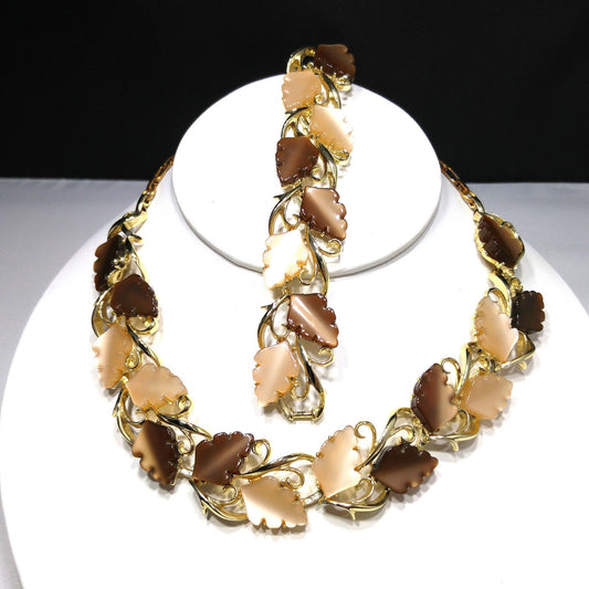 Mid-Century Beige Brown Moonglow Leaves Necklace Bracelet Set, Lucite Jewelry, 1950s Vintage Jewelry