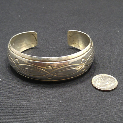 Vintage Navajo Sterling Silver Cuff Bracelet HB Hand Engraved Leaf Design