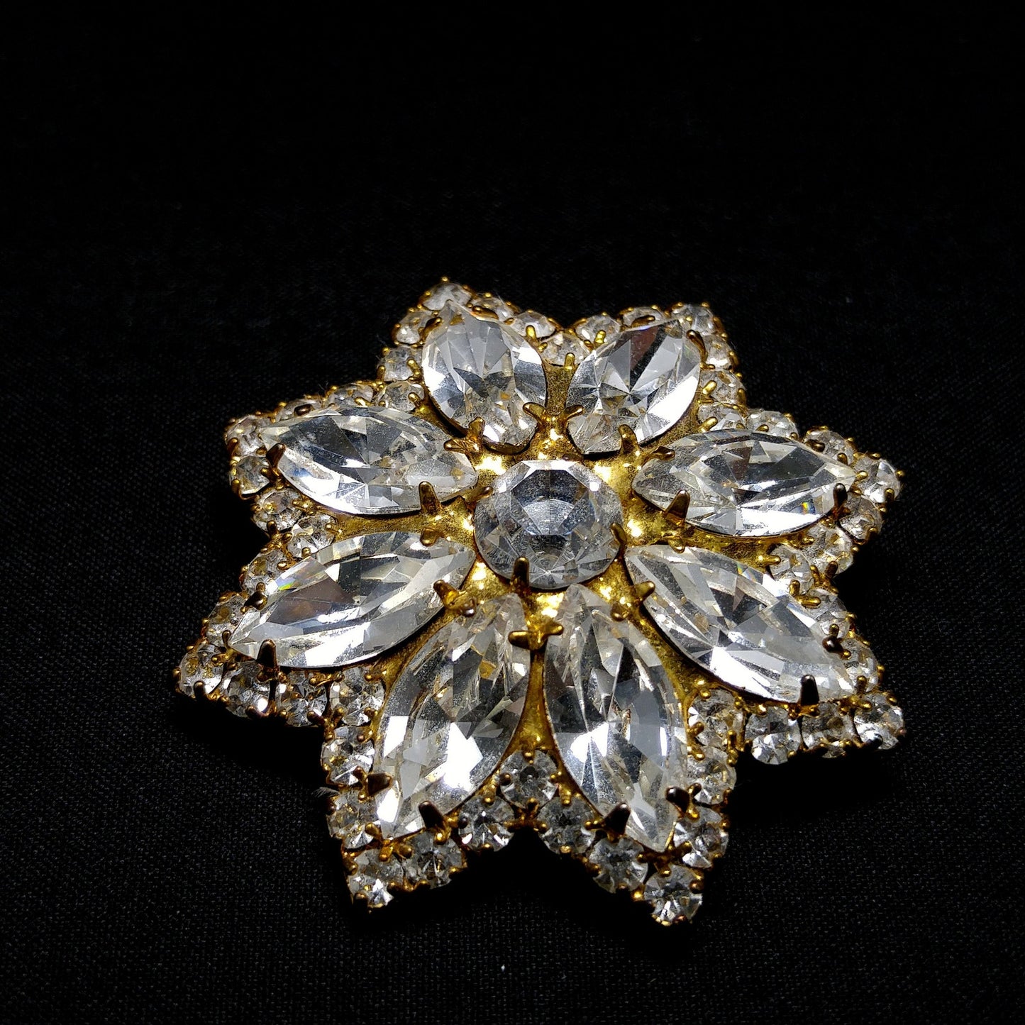 Eisenberg Ice Clear Rhinestone Flower Brooch, Gold Plated, 1960s Vintage Jewelry