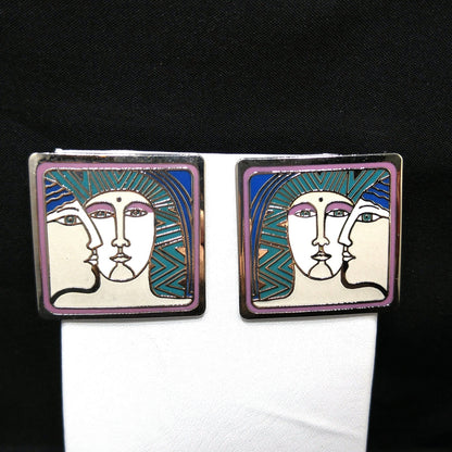 Vintage Laurel Burch "Ancient Ancestors" Post Earrings, Rhodium Plated