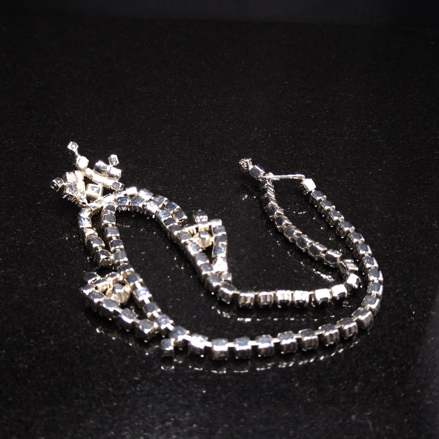 Vintage Black & Clear Rhinestone Festoon Necklace, Rhodium Plating, 1950s