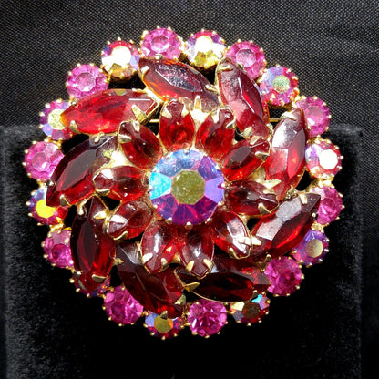 Red & Pink Rhinestone Brooch, Gold Plated, 1960s Vintage Jewelry