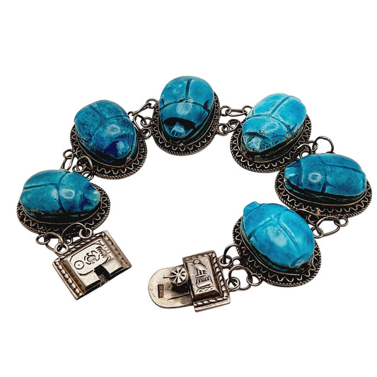 Antique Art Deco Silver Egyptian Revival Scarab Bracelet