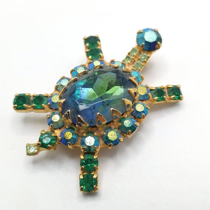 Vintage Turtle Brooch, Green Blue Aurora Borealis Rhinestones, Gold Plated, 1960s Vintage Jewelry