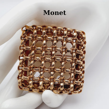 Vintage Monet Gold Plated Woven Square Brooch – 1980s Statement Designer Jewelry